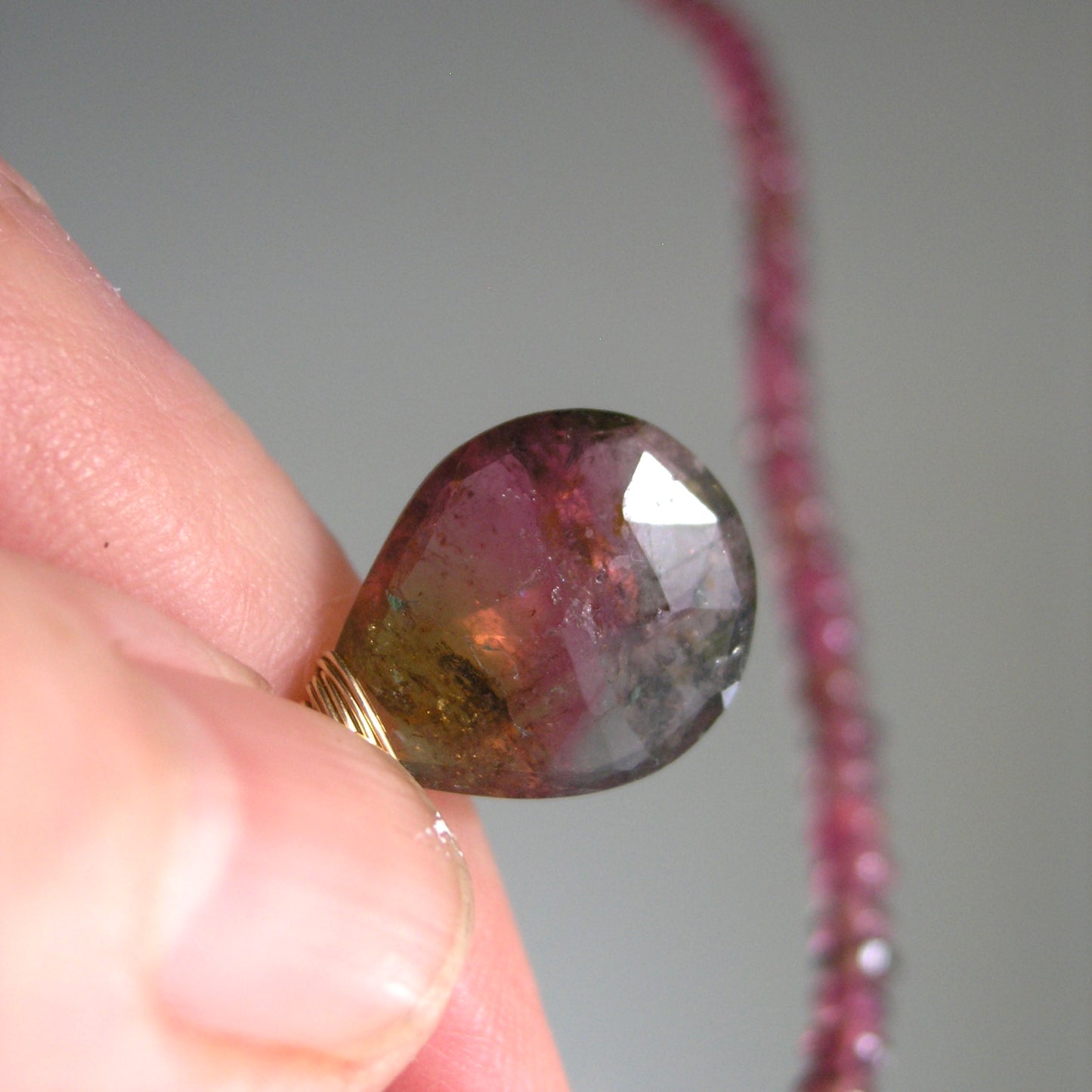 Pink Tourmaline Necklace w/ Tri Color Tourmaline Pendant