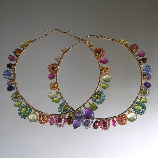 Huge Rainbow Gemstone Woven 14k Gold Filled Hoops