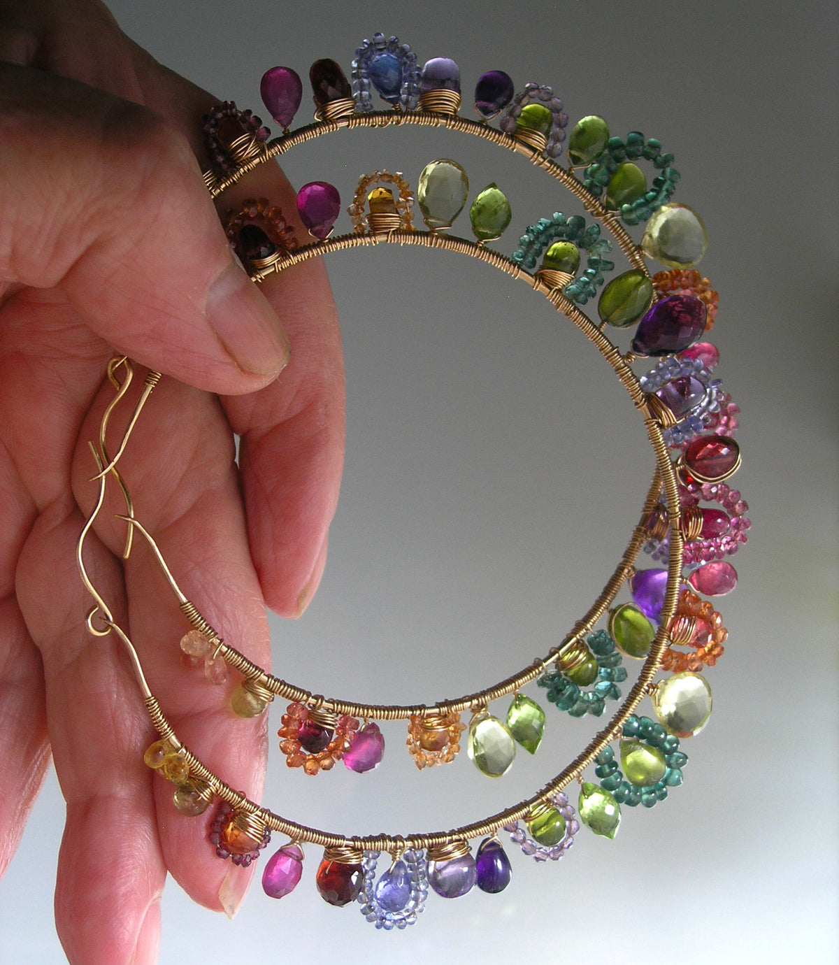 Huge Rainbow Gemstone Woven 14k Gold Filled Hoops