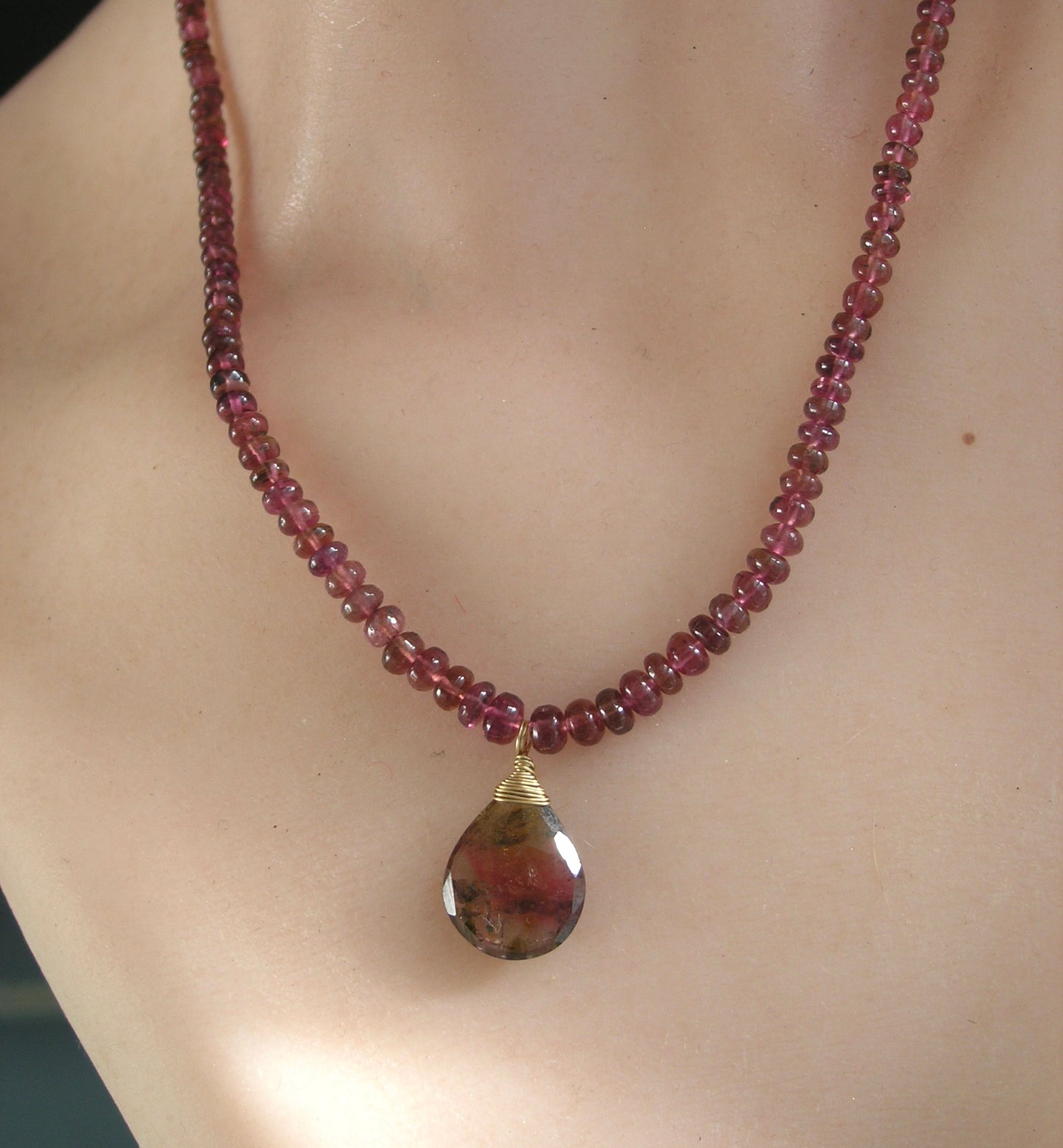Pink Tourmaline Necklace w/ Tri Color Tourmaline Pendant