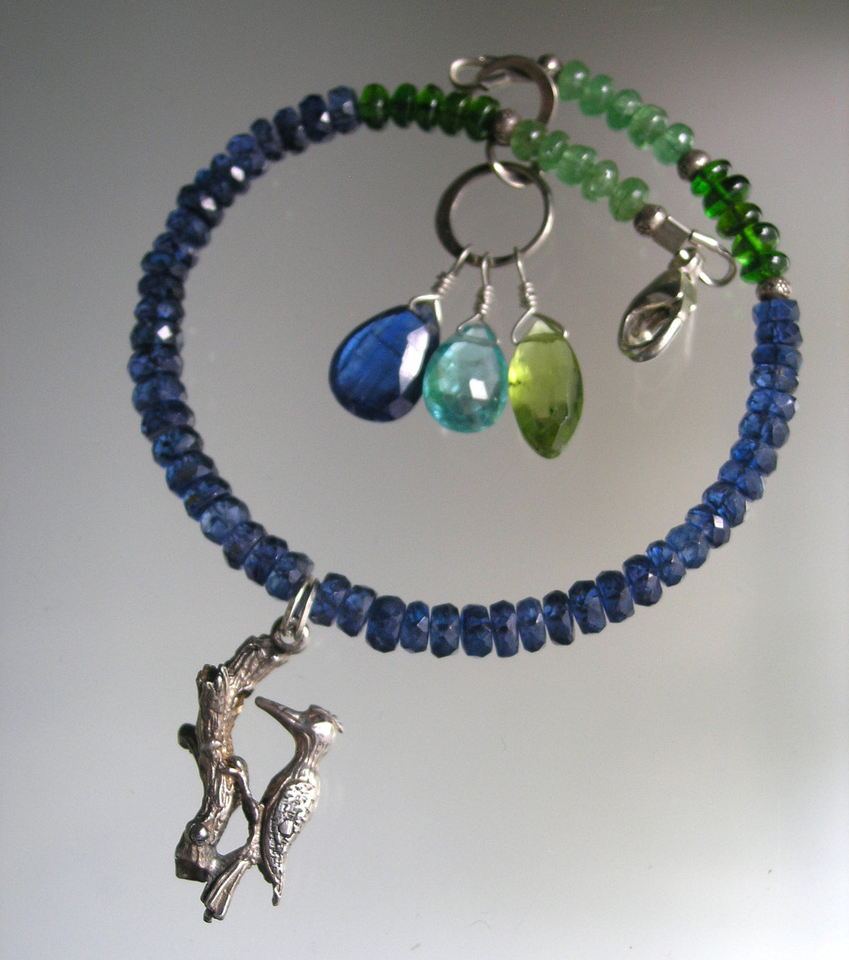 Kyanite Bracelet w/ Vintage Movable Sterling Woodpecker Charm