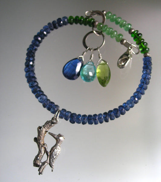 Kyanite Bracelet w/ Vintage Movable Sterling Woodpecker Charm