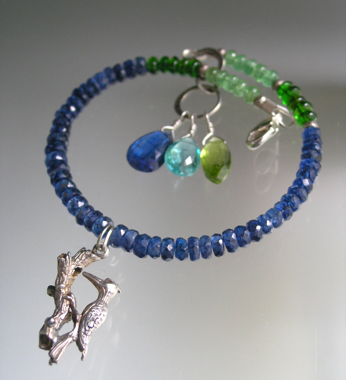 Kyanite Bracelet w/ Vintage Movable Sterling Woodpecker Charm
