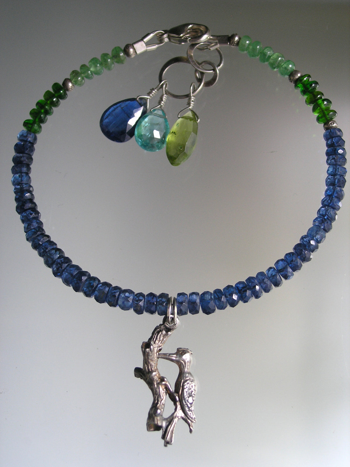 Kyanite Bracelet w/ Vintage Movable Sterling Woodpecker Charm