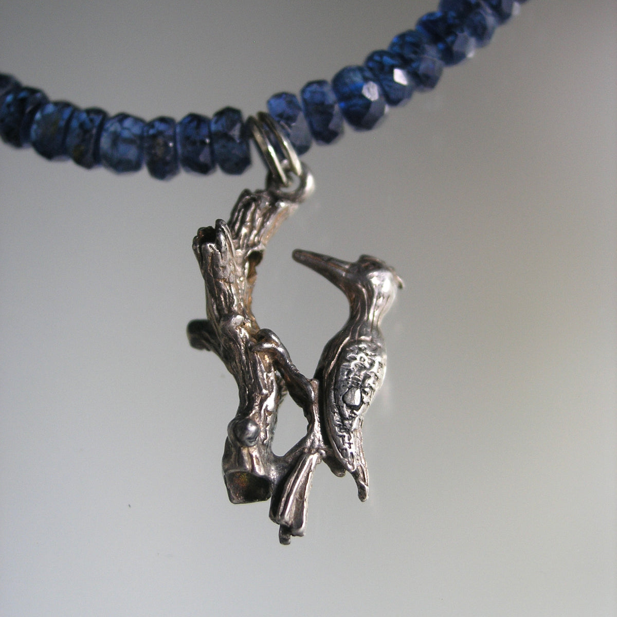 Kyanite Bracelet w/ Vintage Movable Sterling Woodpecker Charm