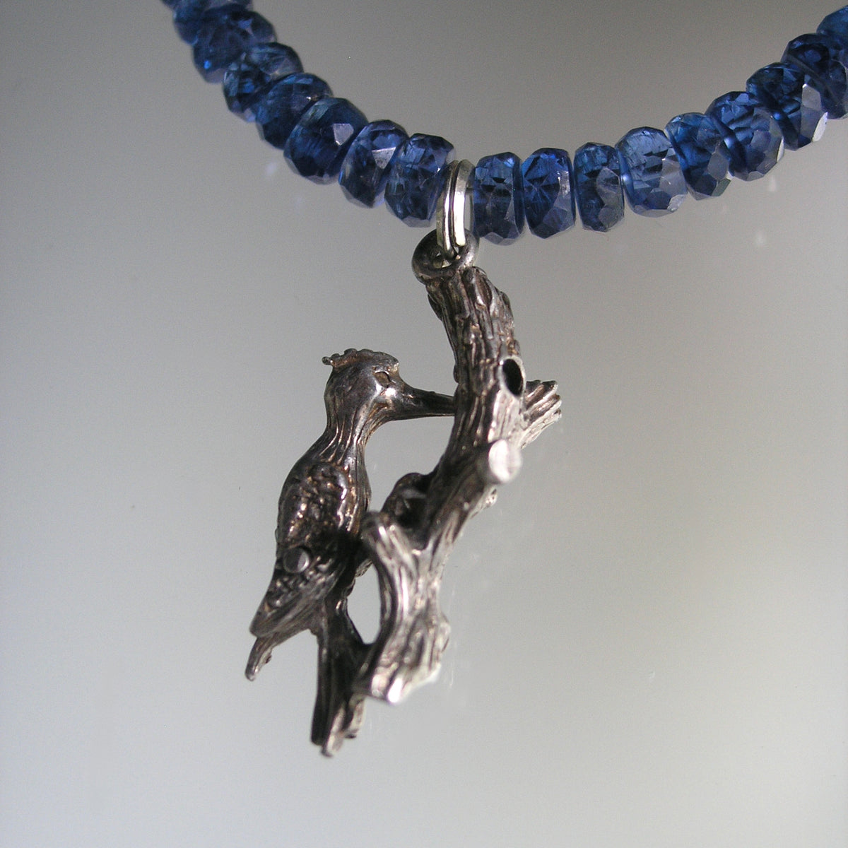 Kyanite Bracelet w/ Vintage Movable Sterling Woodpecker Charm