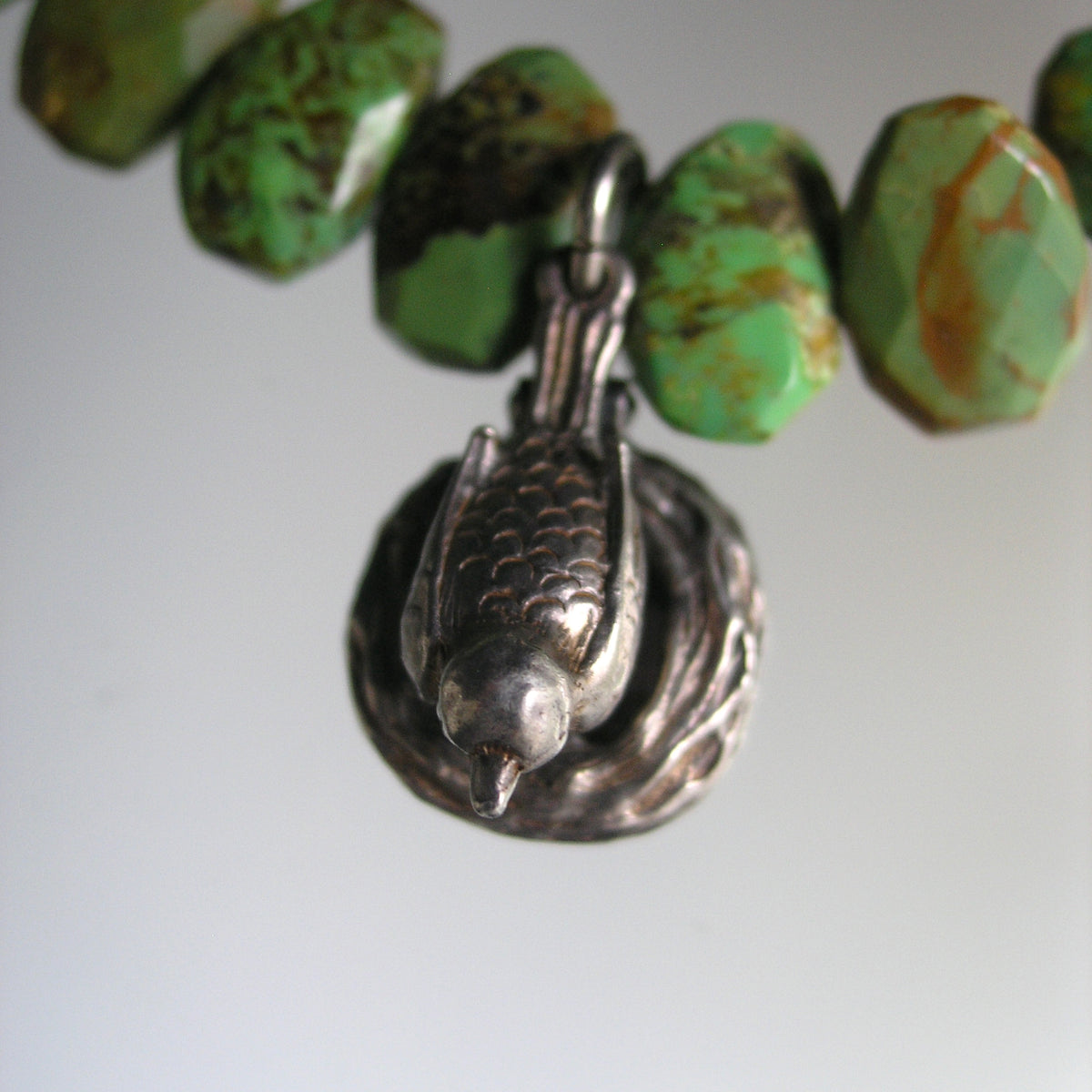 Green Turquoise Bracelet w/ Vintage Silver Movable Bird on Nest Charm
