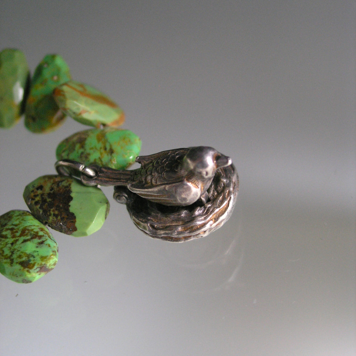 Green Turquoise Bracelet w/ Vintage Silver Movable Bird on Nest Charm