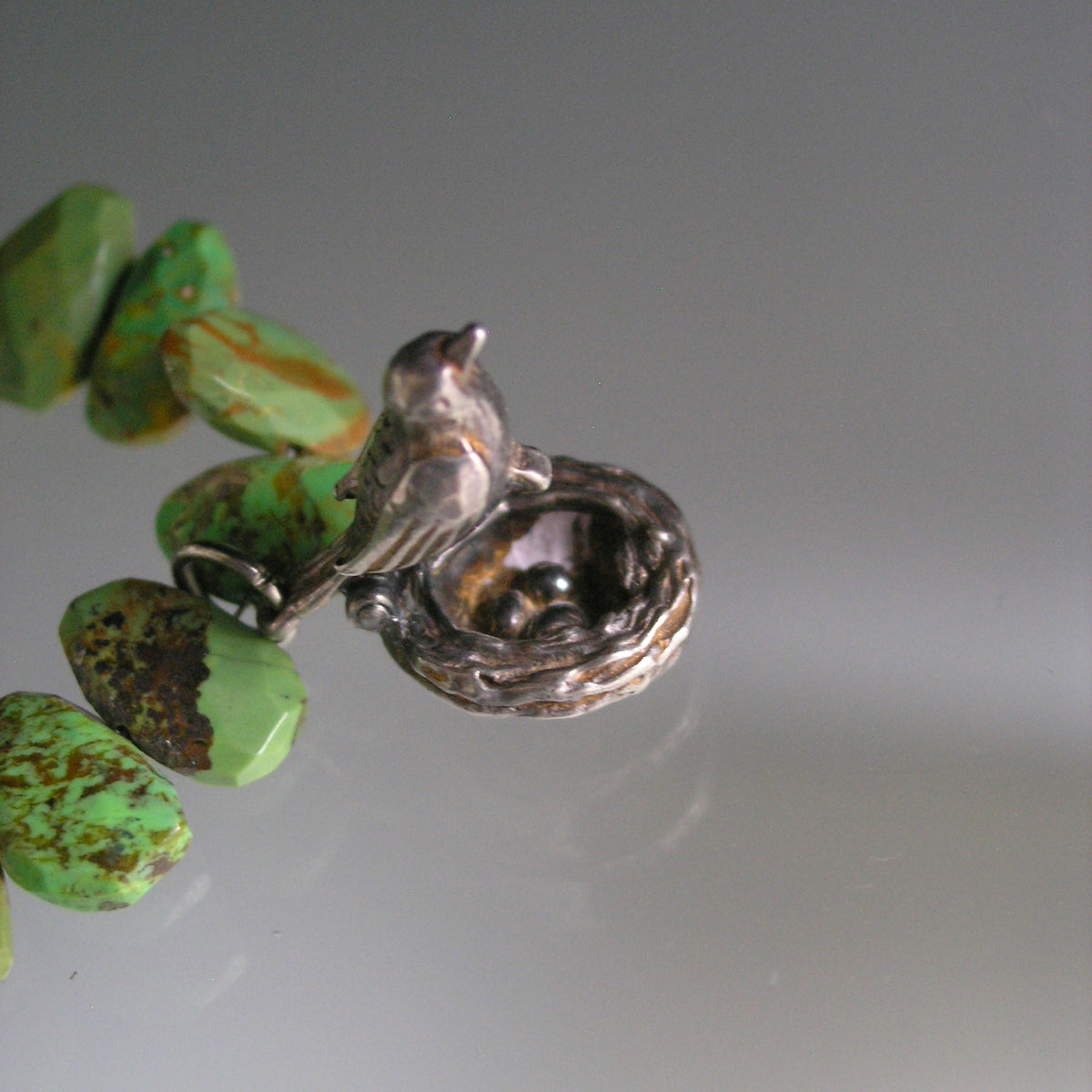 Green Turquoise Bracelet w/ Vintage Silver Movable Bird on Nest Charm