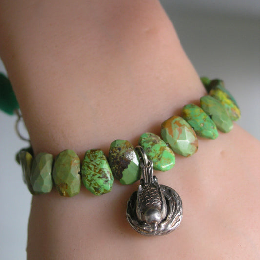 Green Turquoise Bracelet w/ Vintage Silver Movable Bird on Nest Charm