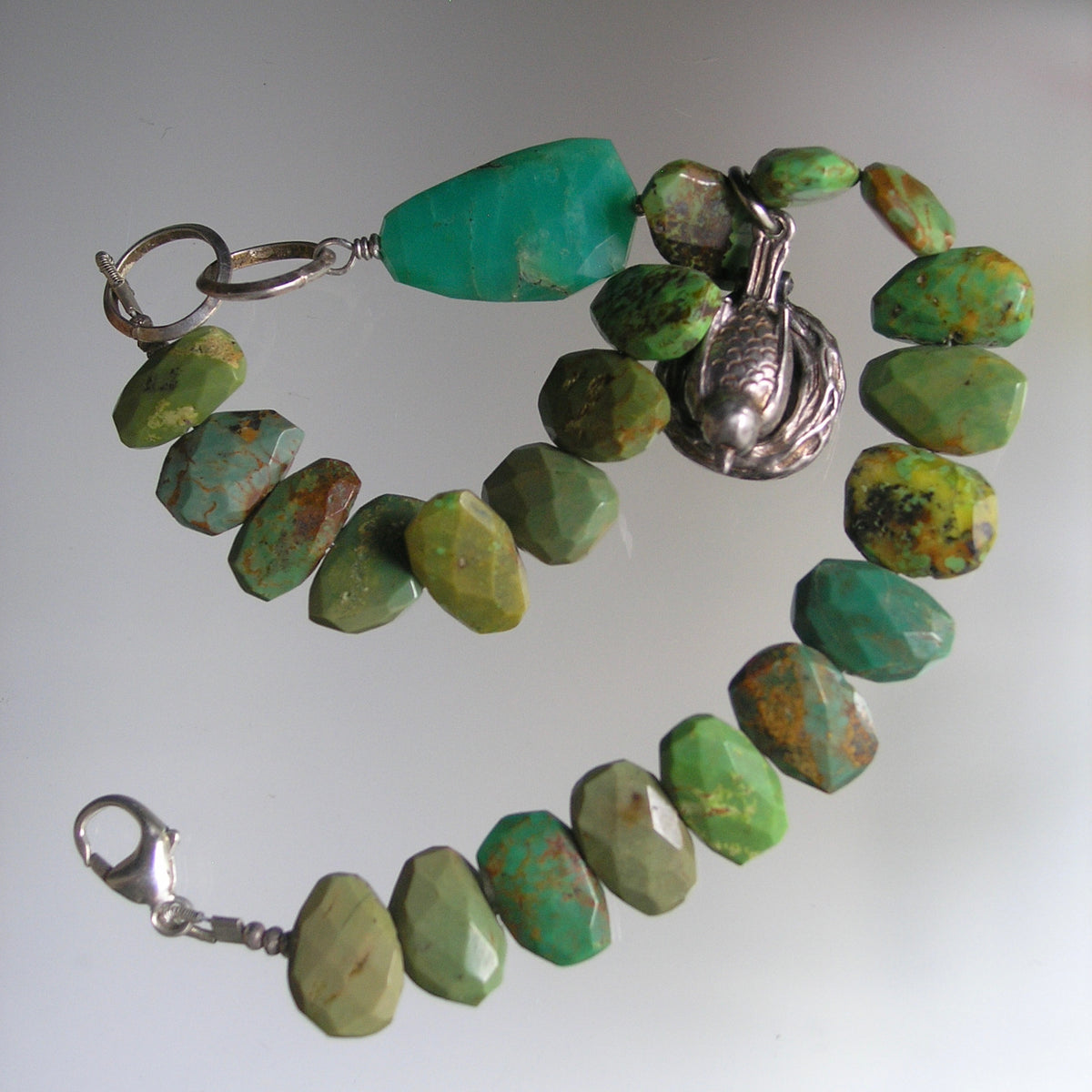 Green Turquoise Bracelet w/ Vintage Silver Movable Bird on Nest Charm