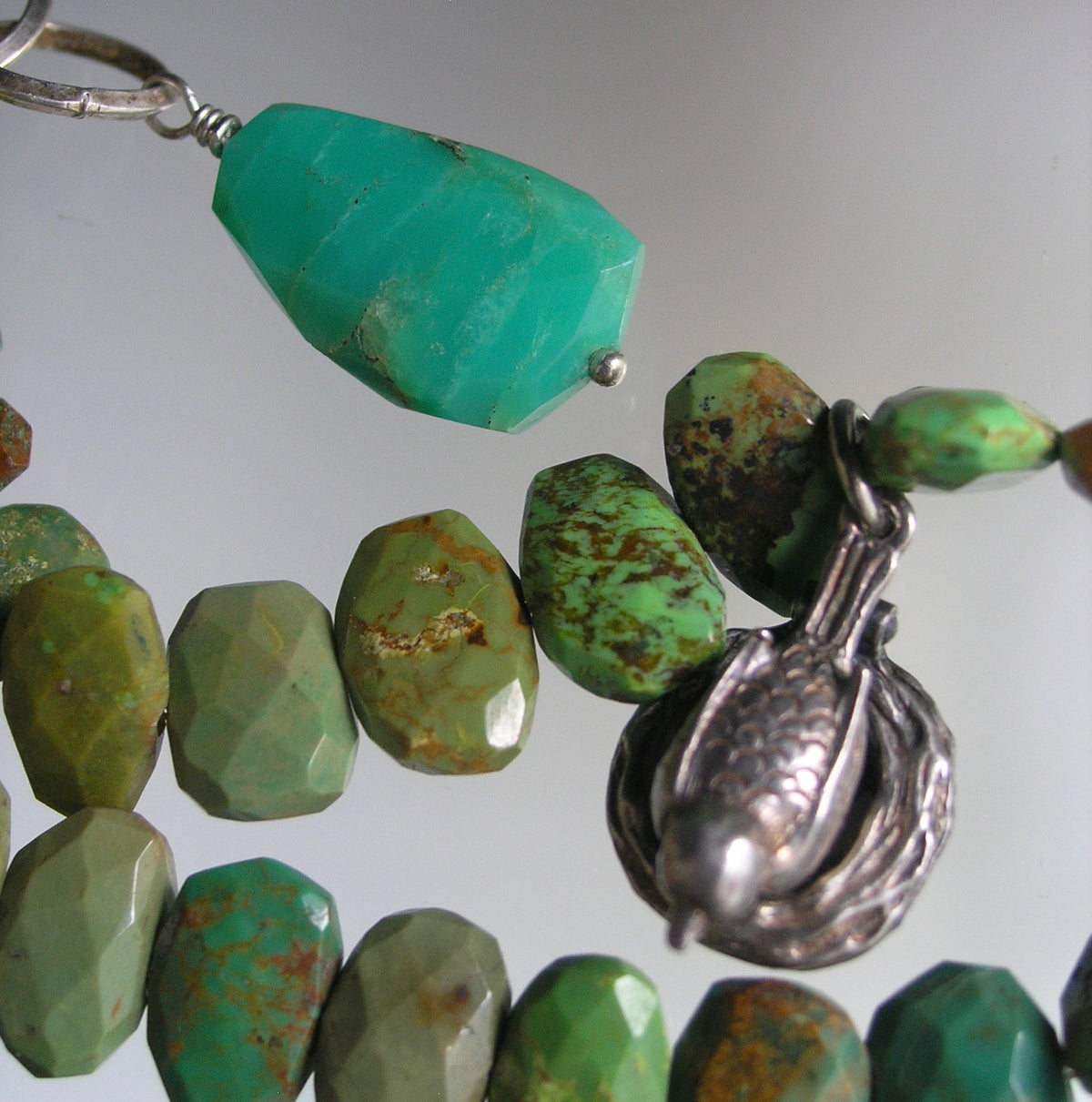 Green Turquoise Bracelet w/ Vintage Silver Movable Bird on Nest Charm