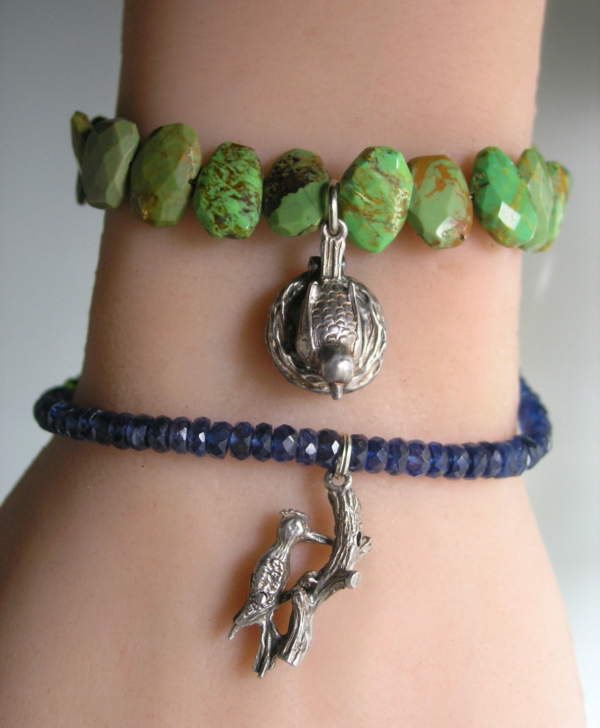 Kyanite Bracelet w/ Vintage Movable Sterling Woodpecker Charm