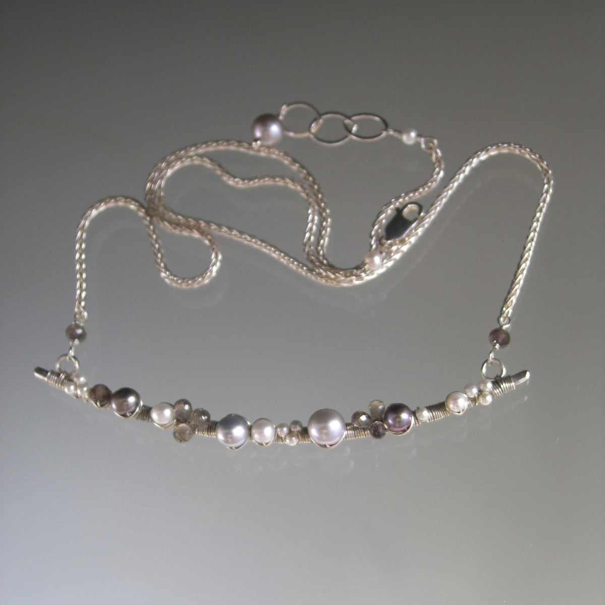 Sterling Silver Pearl Bar Necklace w/ Sapphires