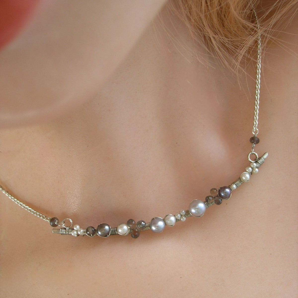Sterling Silver Pearl Bar Necklace w/ Sapphires