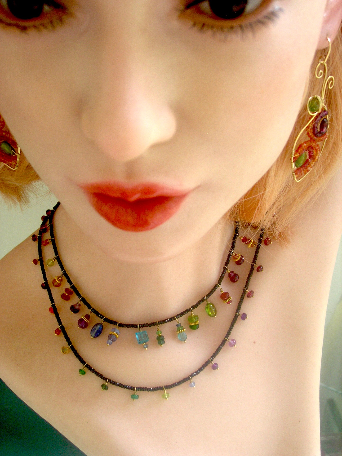 Black Spinel Necklace Choker w/ Rainbow Gemstone Charms
