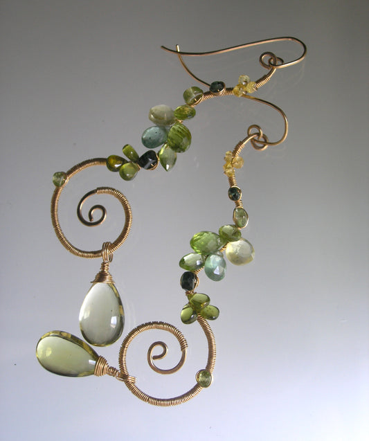 Sculptural Apatite Lemon Quartz Gold Filled Spiral Earrings