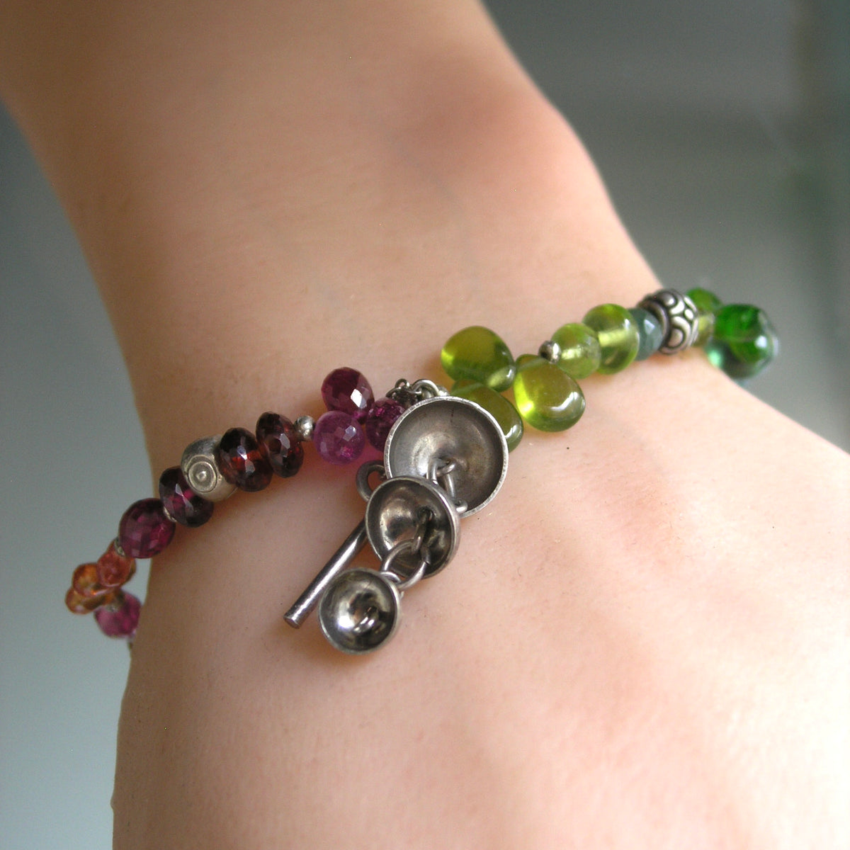 Multi Gemstone Beaded Bracelet w/ Vintage Chime Charm