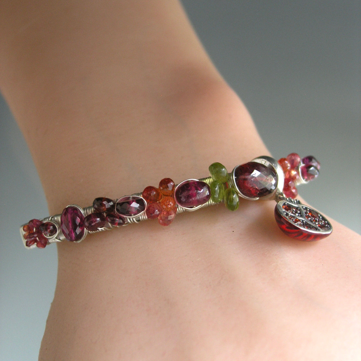 Garnet Sapphire Sterling Cuff w/ Pomegranate Charm