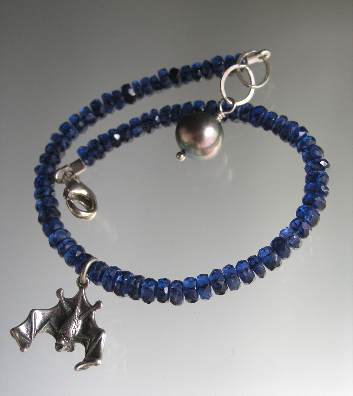 Kyanite Bracelet w/ Vintage Sterling Detailed Bat Charm