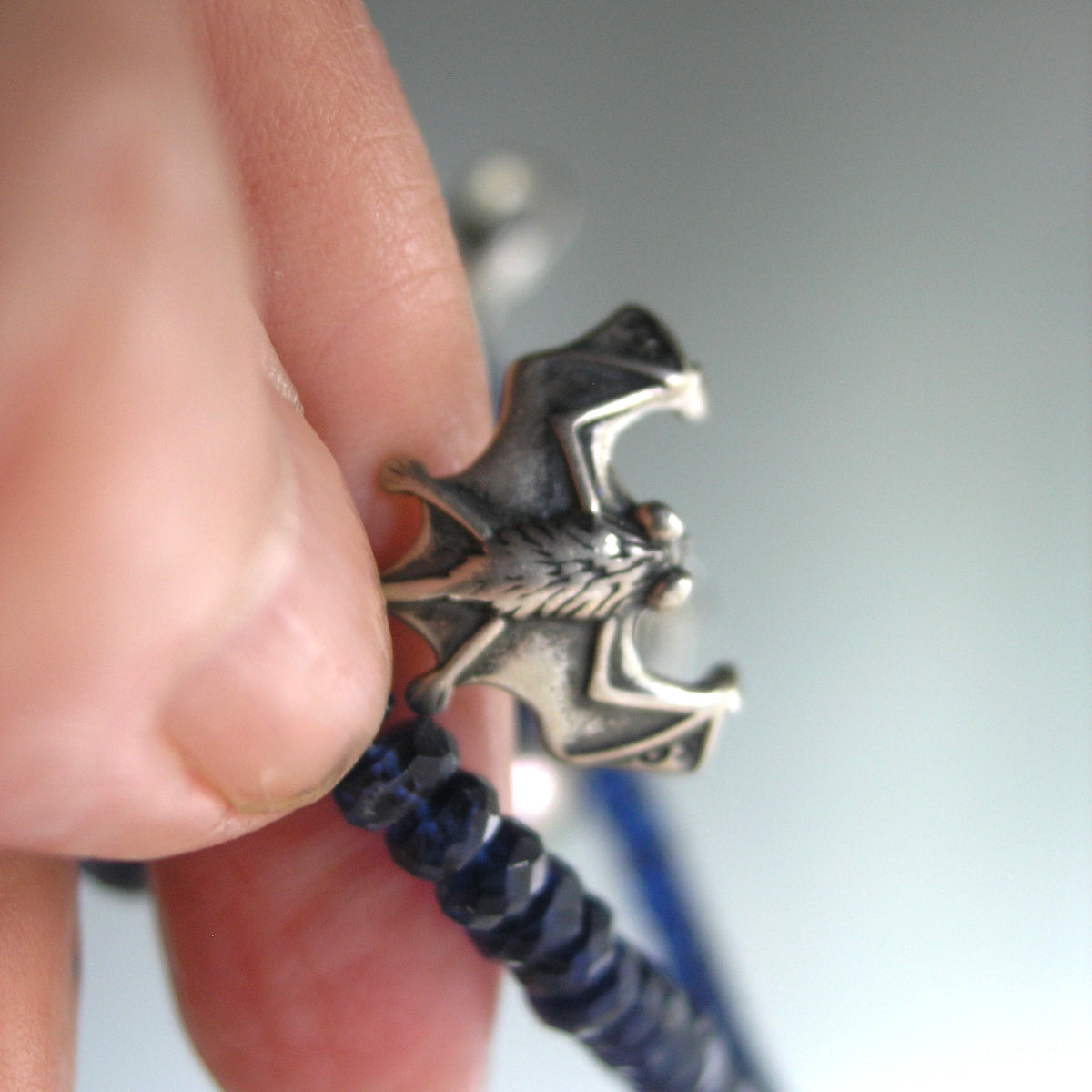Kyanite Bracelet w/ Vintage Sterling Detailed Bat Charm