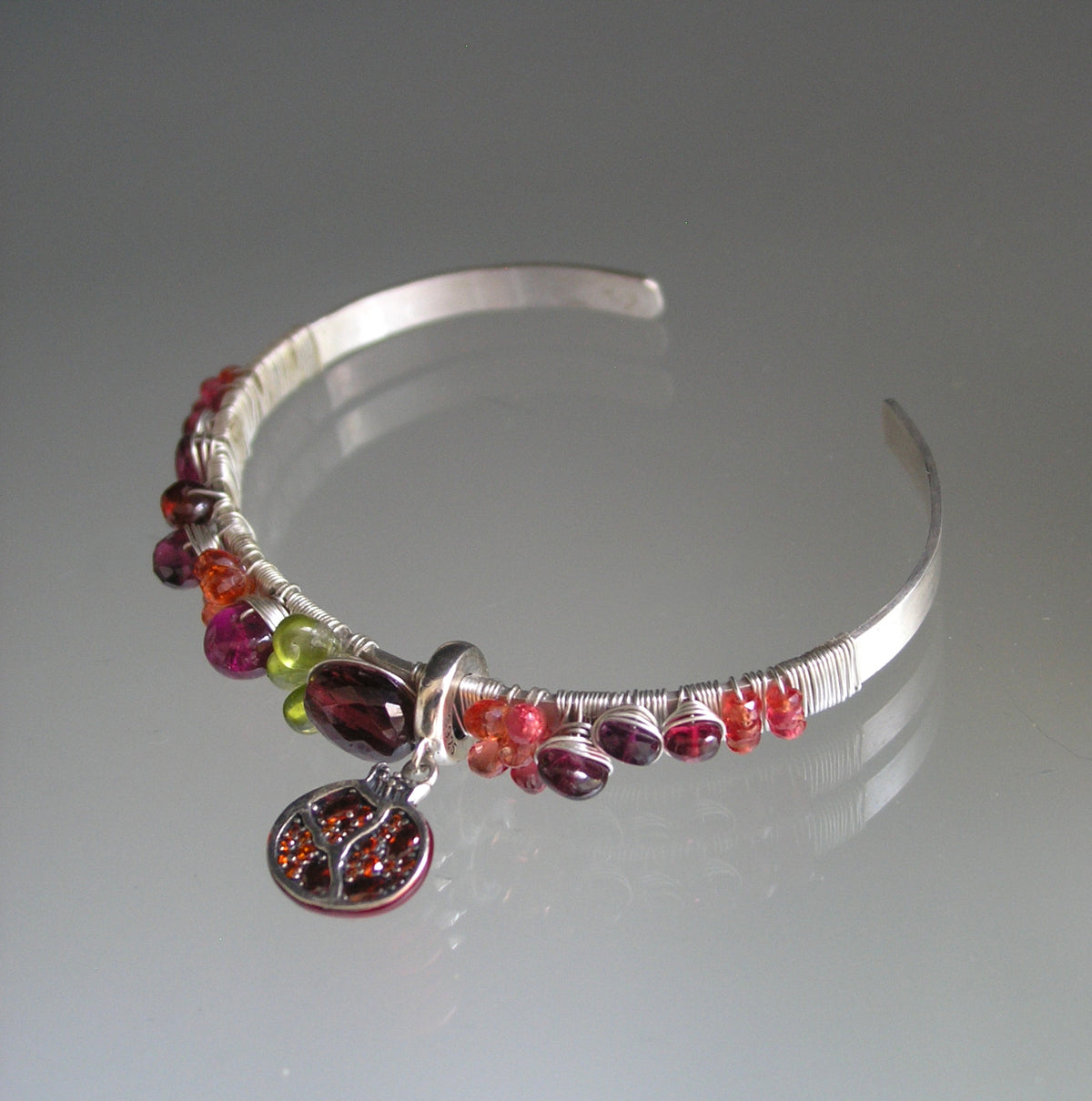 Garnet Sapphire Sterling Cuff w/ Pomegranate Charm