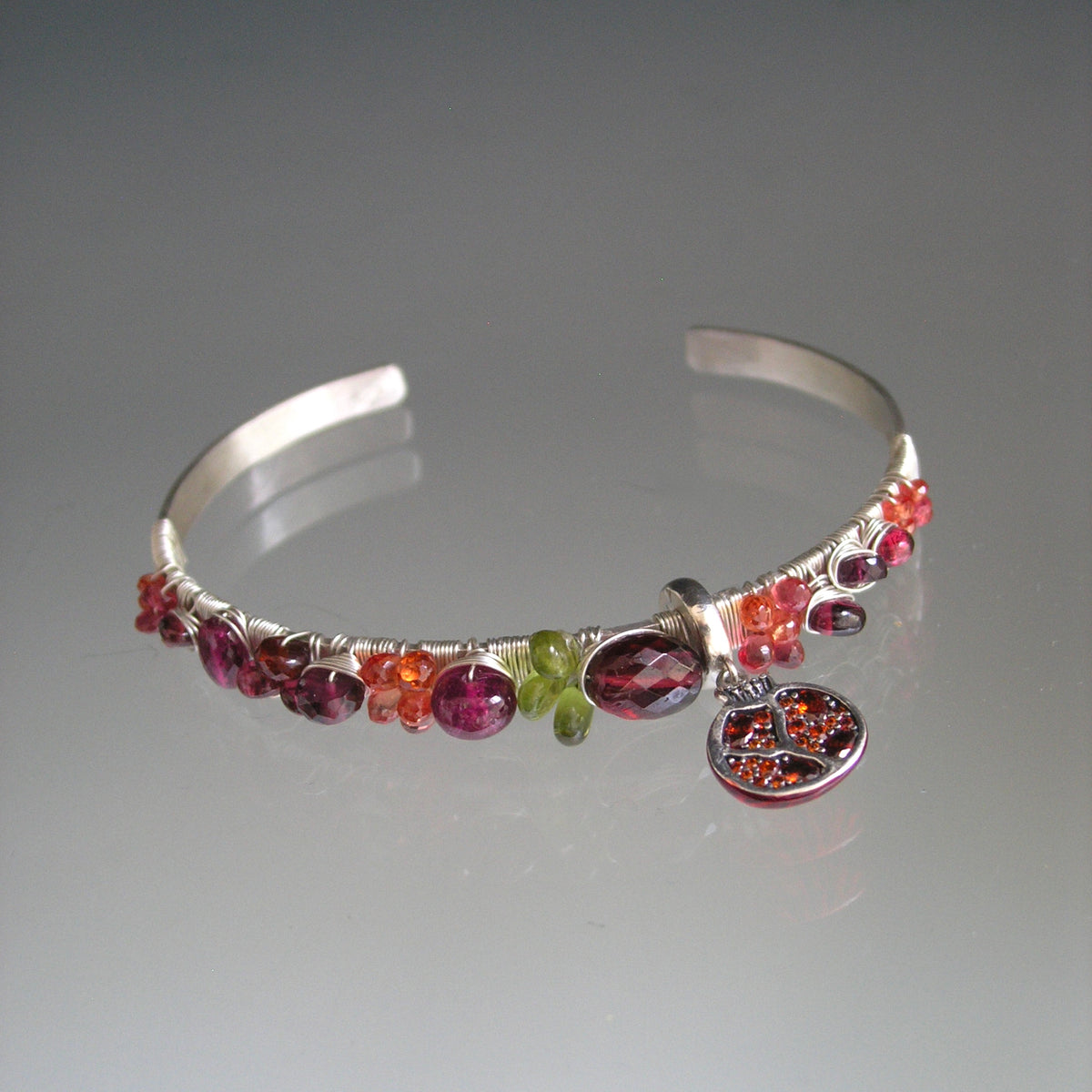 Garnet Sapphire Sterling Cuff w/ Pomegranate Charm
