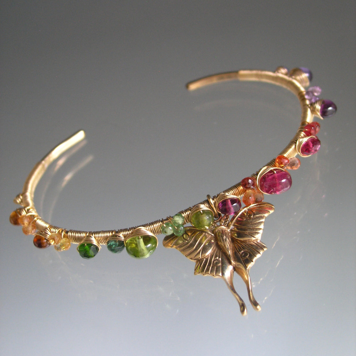 Rainbow Gemstone Gold Filled Wire Wrapped Cuff w/ Bronze Luna Moth Charm