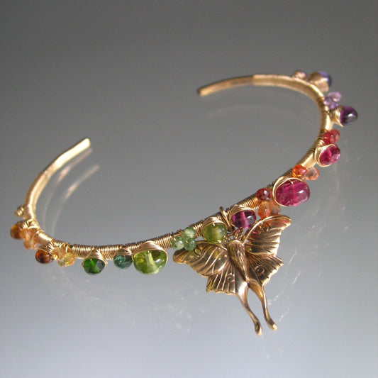 Rainbow Gemstone Gold Filled Wire Wrapped Cuff w/ Bronze Luna Moth Charm