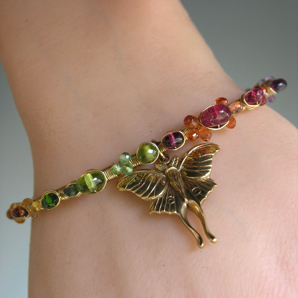 Rainbow Gemstone Gold Filled Wire Wrapped Cuff w/ Bronze Luna Moth Charm
