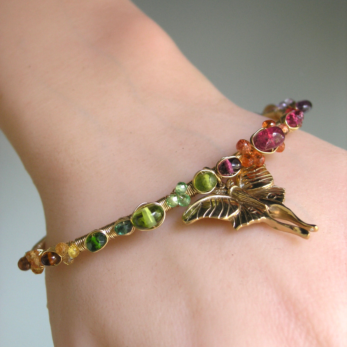 Rainbow Gemstone Gold Filled Wire Wrapped Cuff w/ Bronze Luna Moth Charm