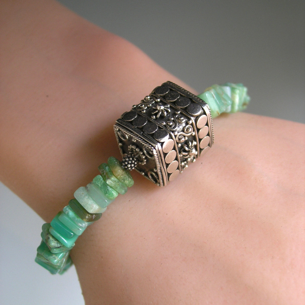 Chrysoprase and Sterling Silver Chunky Bracelet w/ Large Bali Ornate Bead