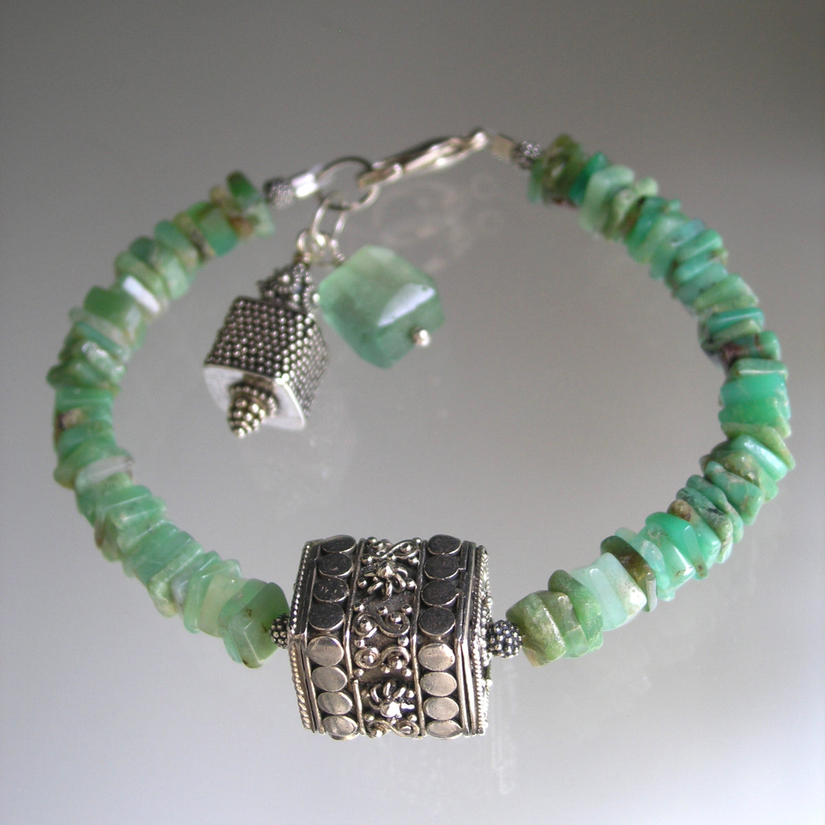 Chrysoprase and Sterling Silver Chunky Bracelet w/ Large Bali Ornate Bead