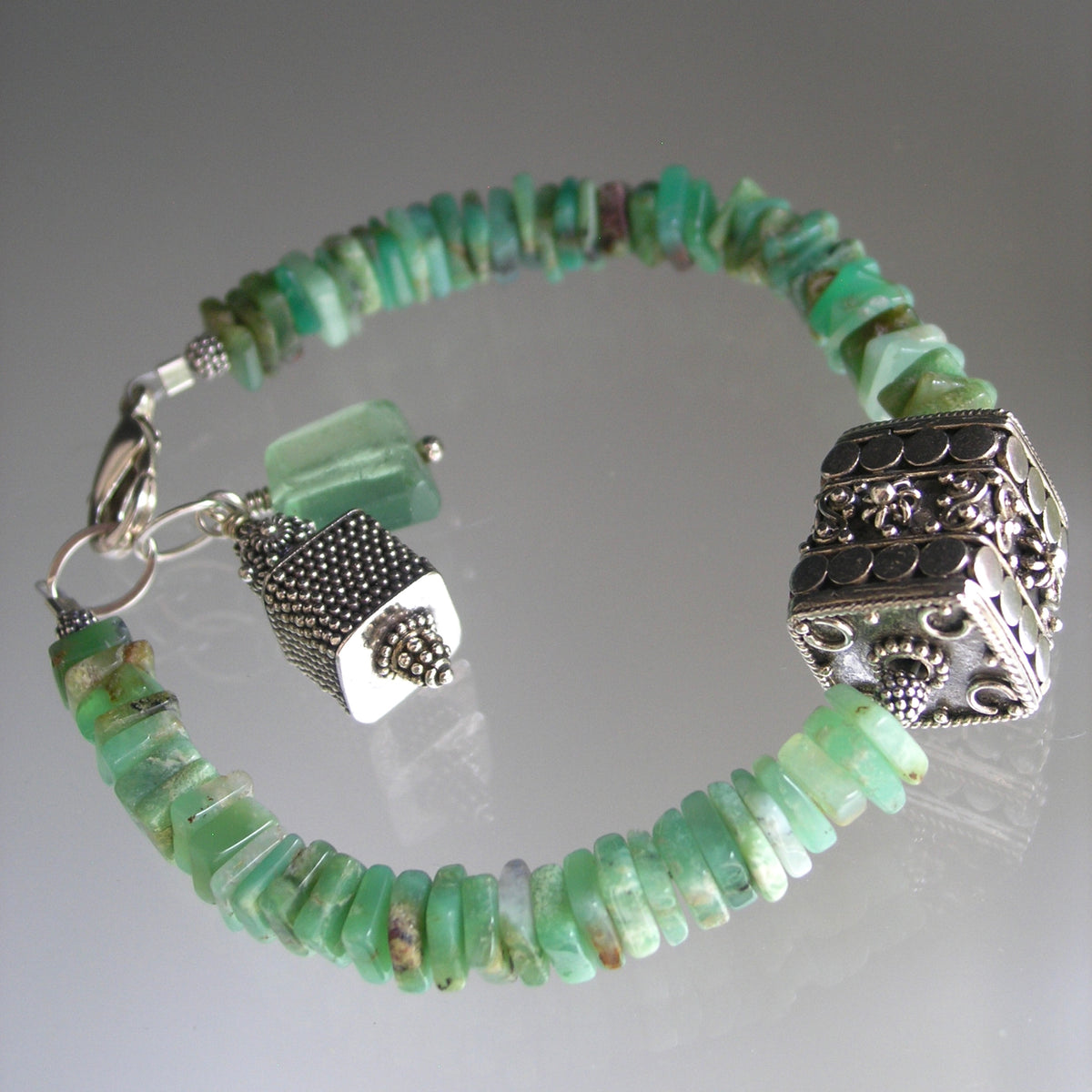 Chrysoprase and Sterling Silver Chunky Bracelet w/ Large Bali Ornate Bead