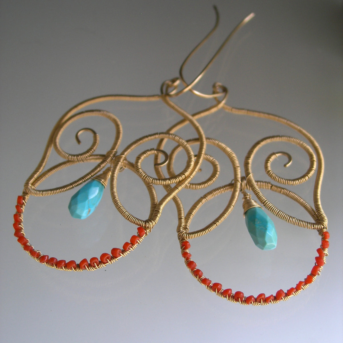 Turquoise 14k Gold Filled Sculptural Chandelier Earrings w/ Coral