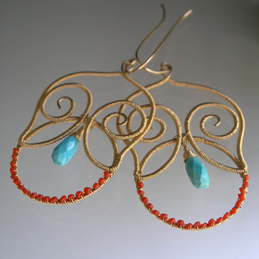 Turquoise 14k Gold Filled Sculptural Chandelier Earrings w/ Coral