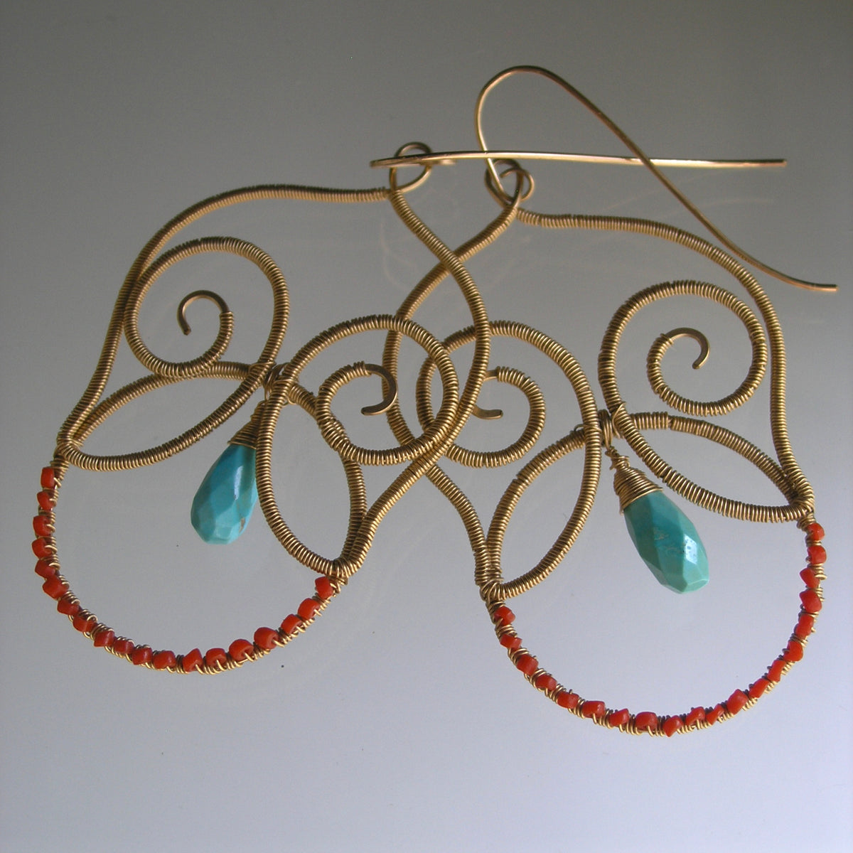 Turquoise 14k Gold Filled Sculptural Chandelier Earrings w/ Coral