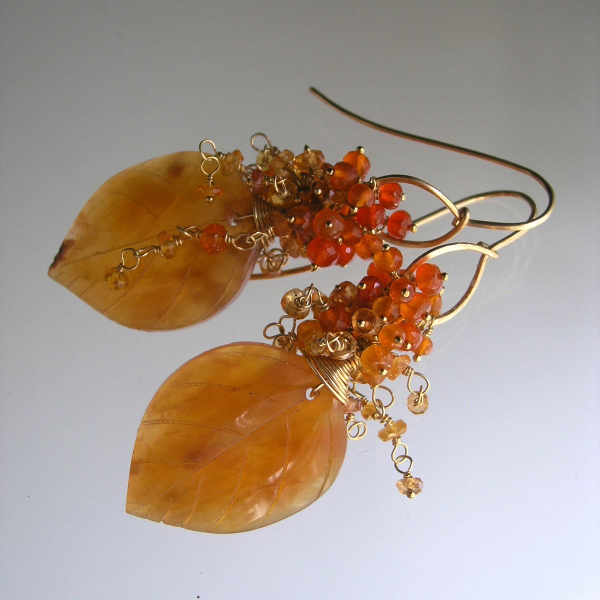 Carnelian Leaf Earrings w/ Orange Sapphire Cascades