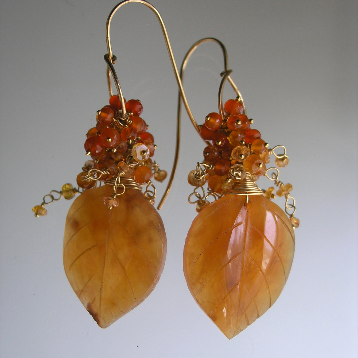 Carnelian Leaf Earrings w/ Orange Sapphire Cascades