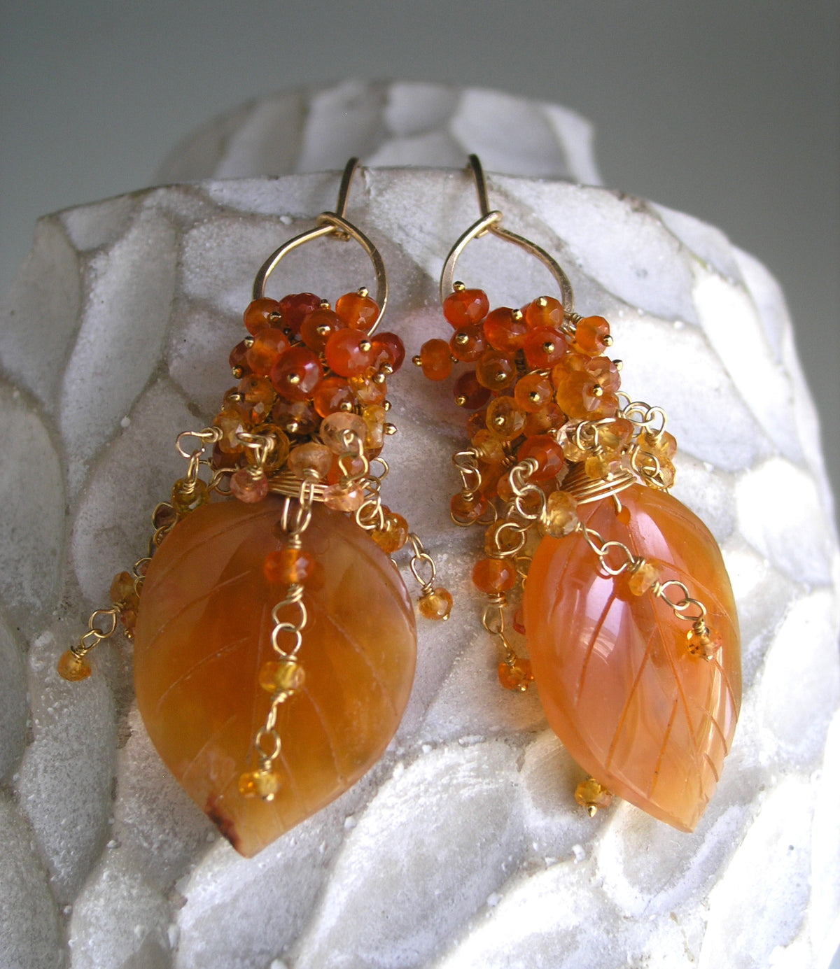 Carnelian Leaf Earrings w/ Orange Sapphire Cascades