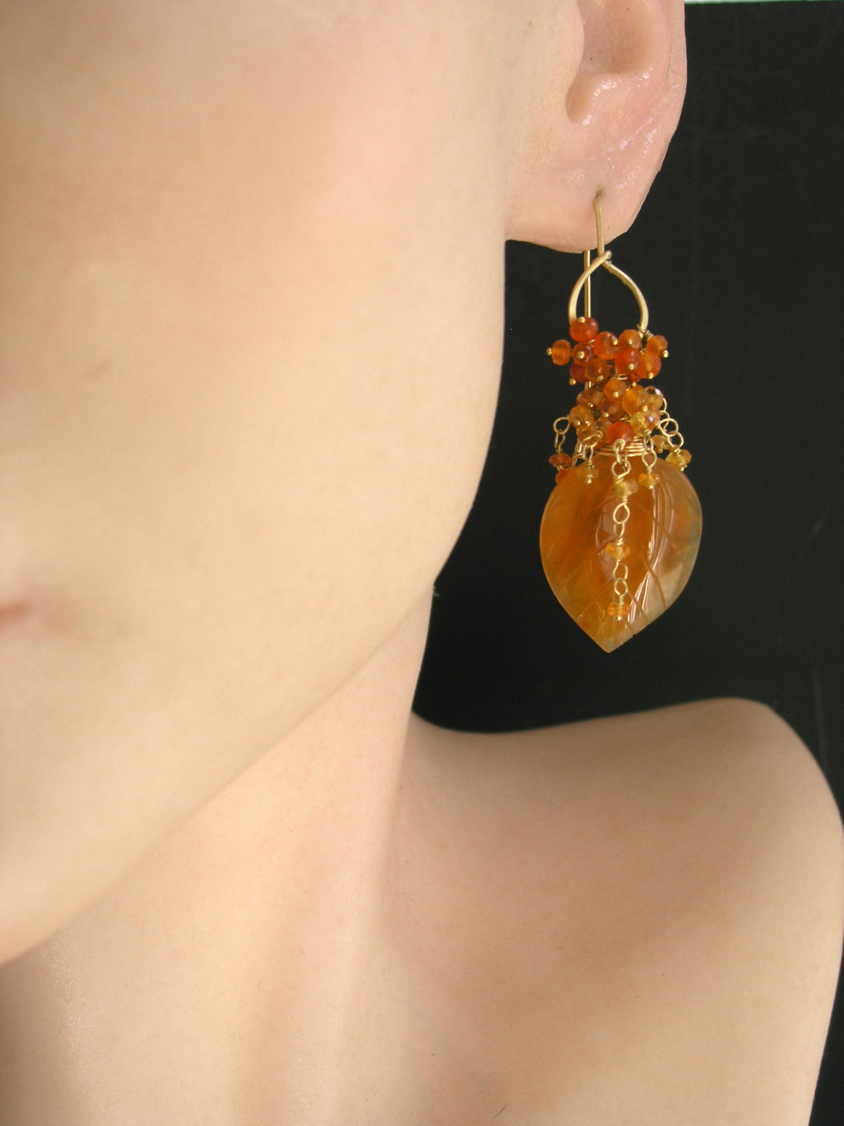Carnelian Leaf Earrings w/ Orange Sapphire Cascades