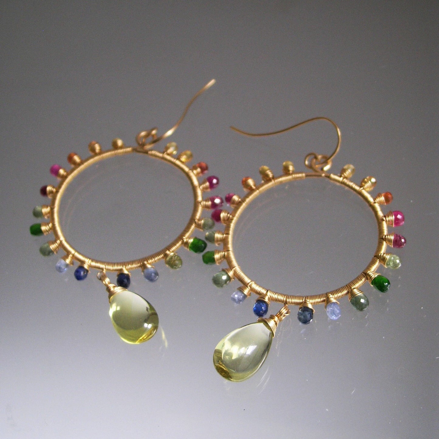 Rainbow Gemstone Sunburst Hoops in 14k Gold Fill