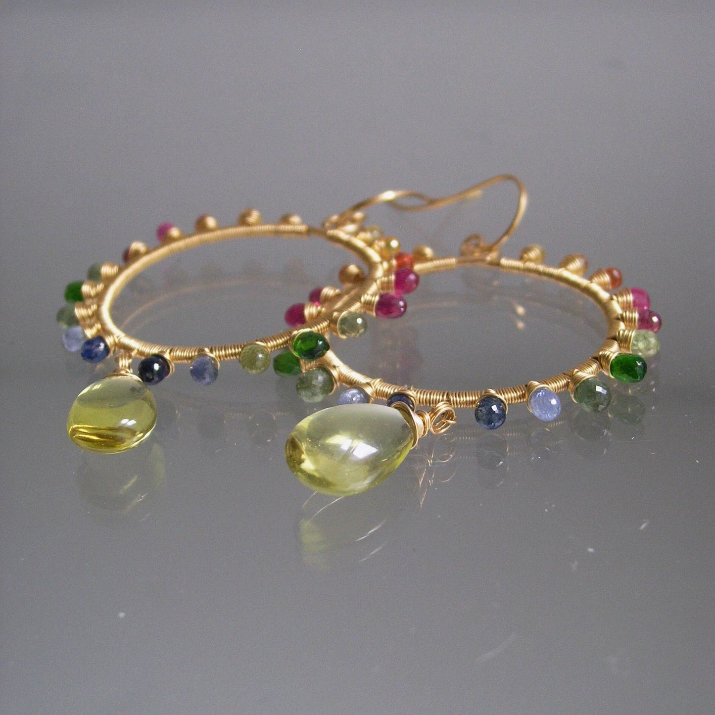 Rainbow Gemstone Sunburst Hoops in 14k Gold Fill
