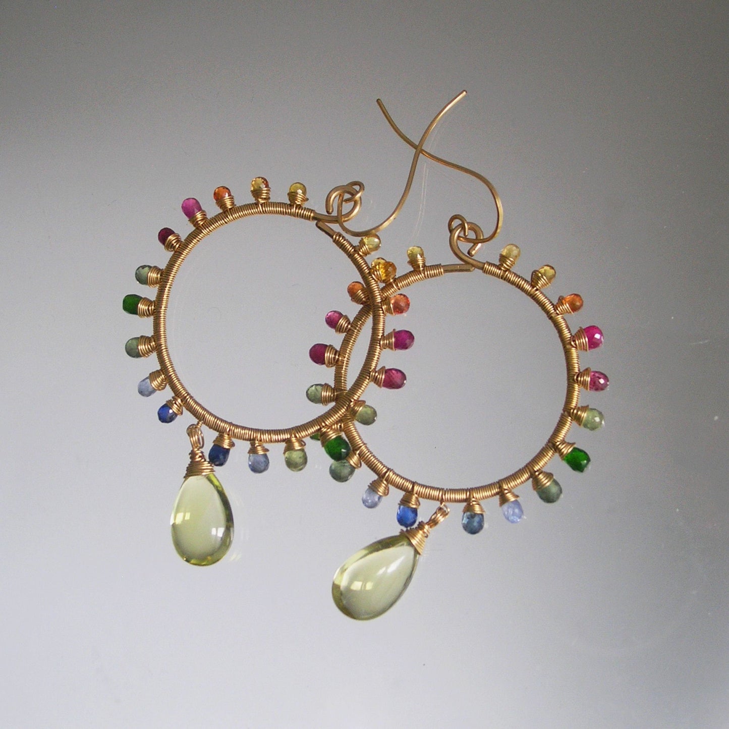 Rainbow Gemstone Sunburst Hoops in 14k Gold Fill