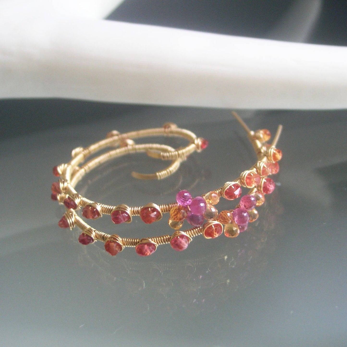 Pink Orange Sapphire Spiral Earrings in  14k Gold Fill