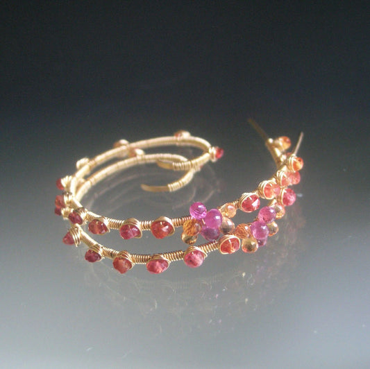 Pink Orange Sapphire Spiral Earrings in  14k Gold Fill