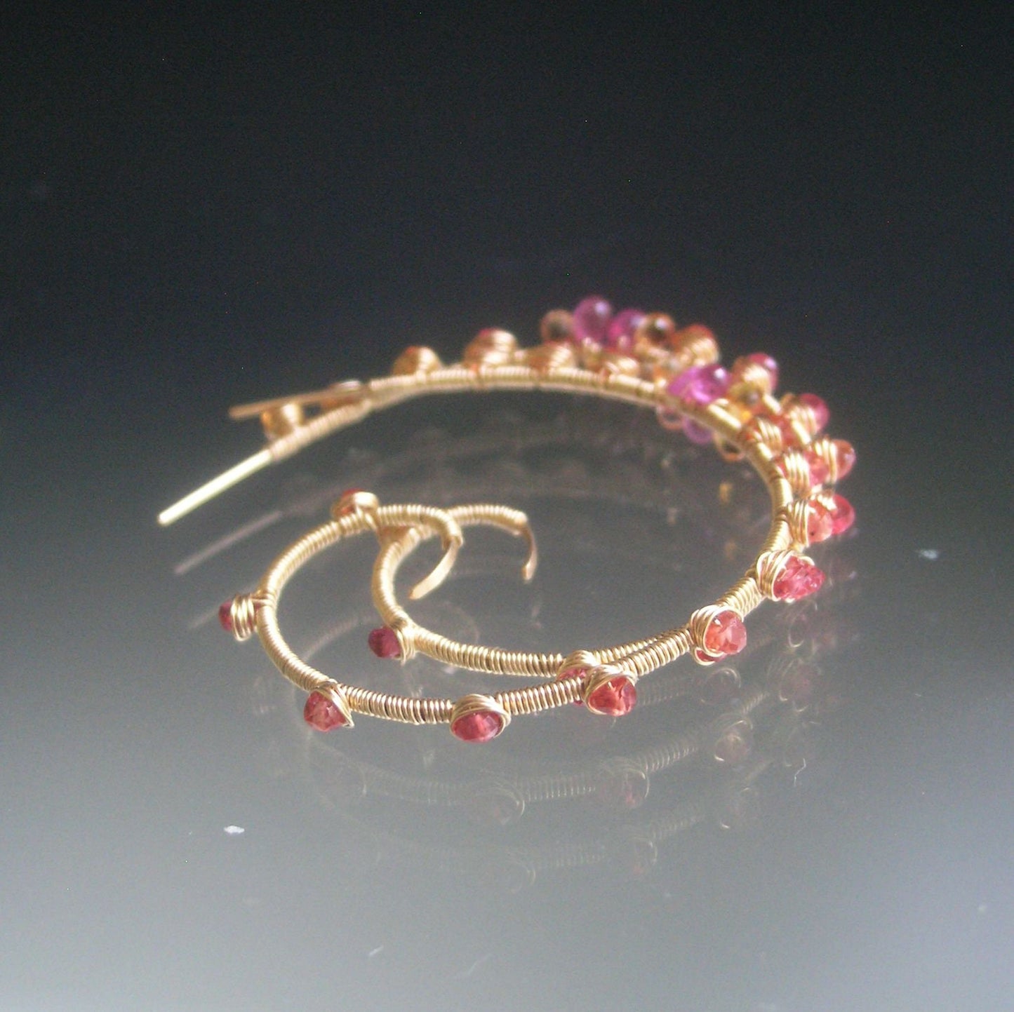 Pink Orange Sapphire Spiral Earrings in  14k Gold Fill