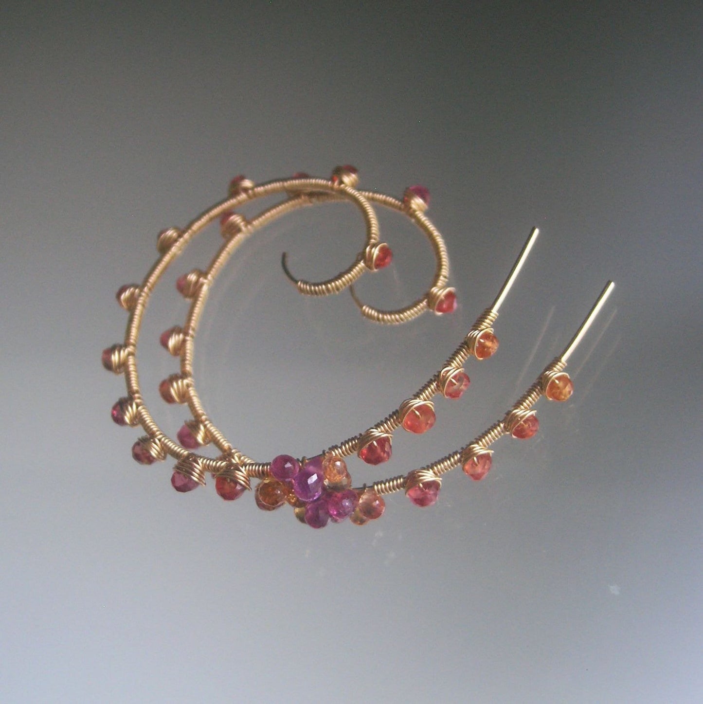 Pink Orange Sapphire Spiral Earrings in  14k Gold Fill