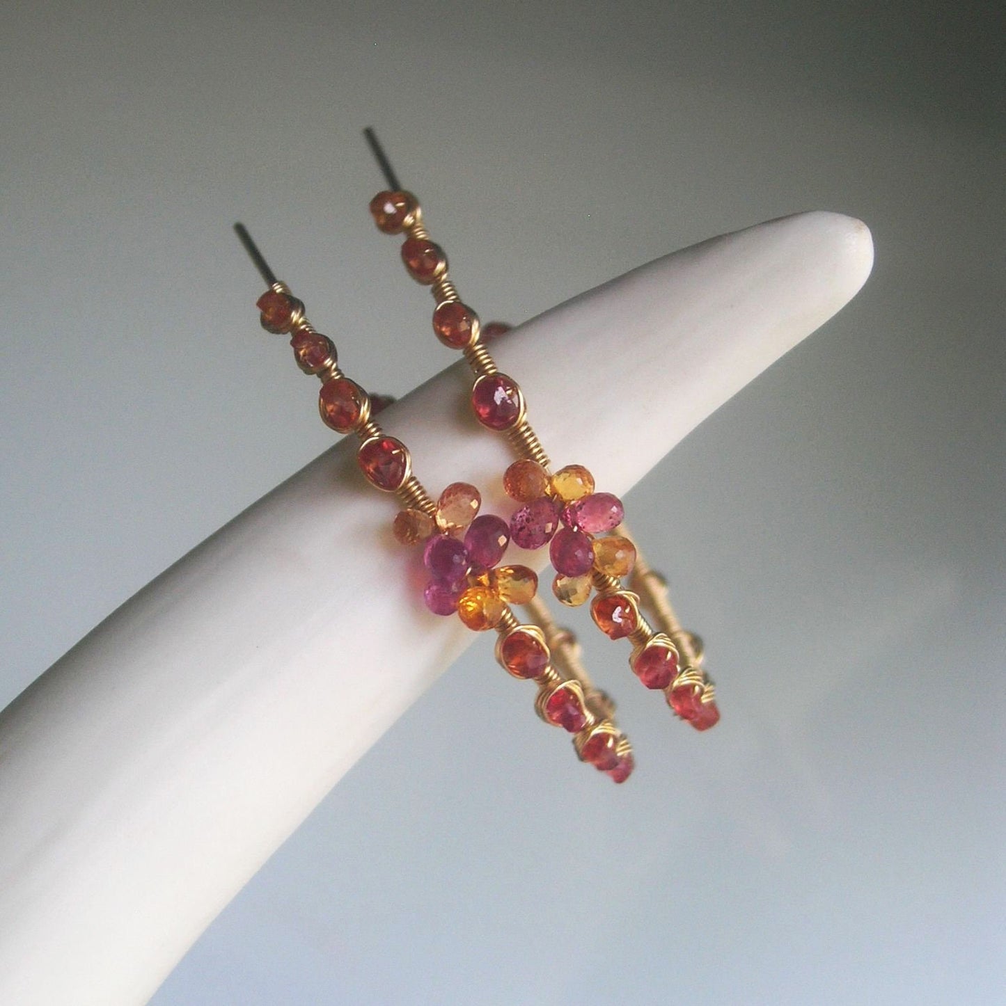 Pink Orange Sapphire Spiral Earrings in  14k Gold Fill