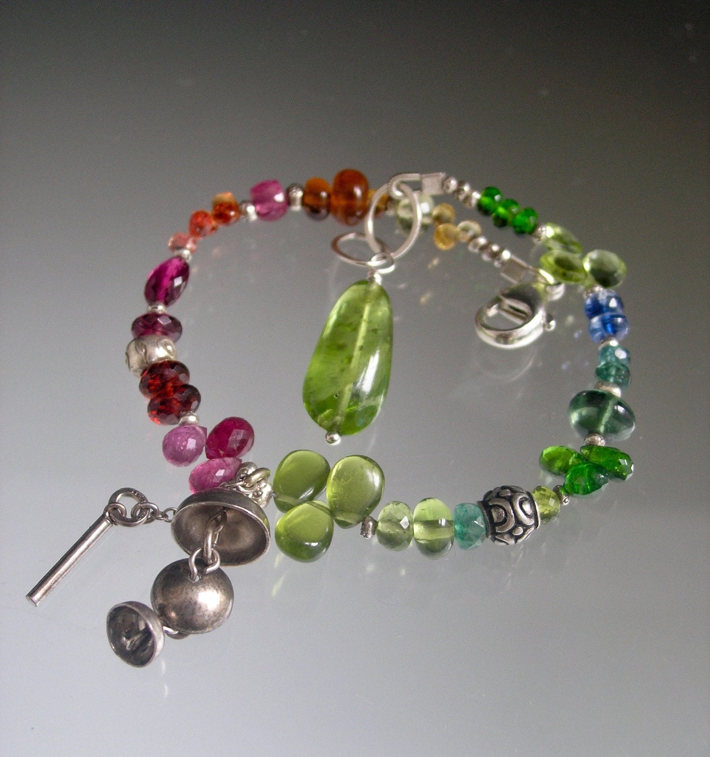 Multi Gemstone Beaded Bracelet w/ Vintage Chime Charm